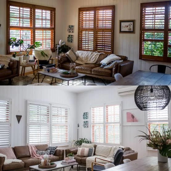 Living room comparison from Holton's public gallery, showing darker wood tones and a brighter white palette