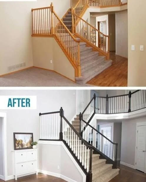 Staircase comparison from Holton's public gallery with natural wood and contrasting dark rails